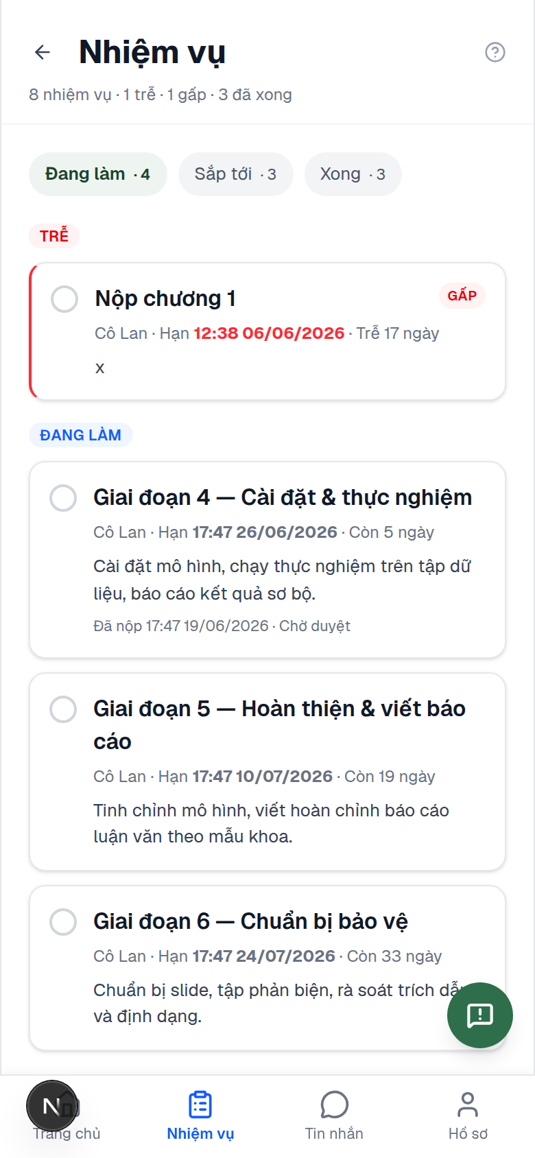 Danh sách nhiệm vụ trên điện thoại